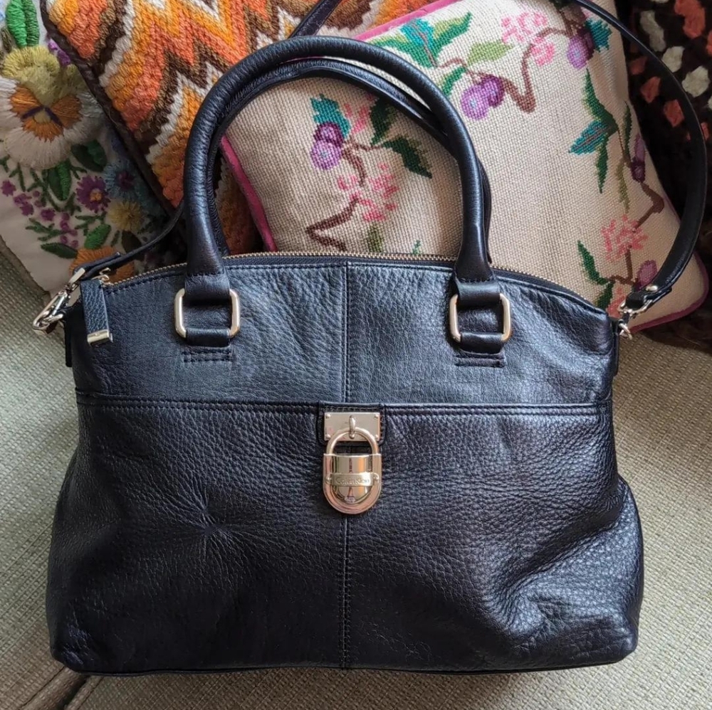 Calvin Klein Black Pebbled Leather Satchel with Silver Hardware